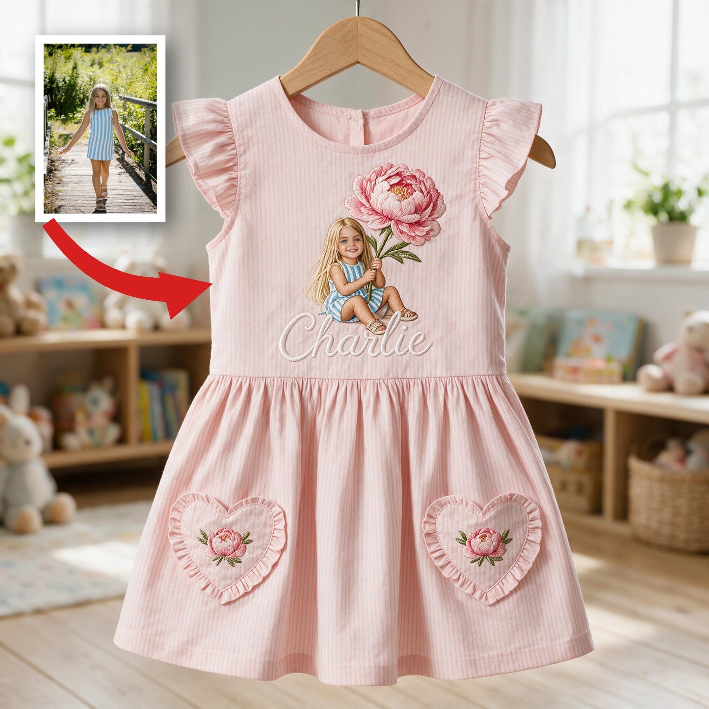Personalized 5 Year Old Girl Embroidered Pink Ruffle Sleeve Little Girl Dress Custom Name Peony Design Toddler Girl Birthday Gift