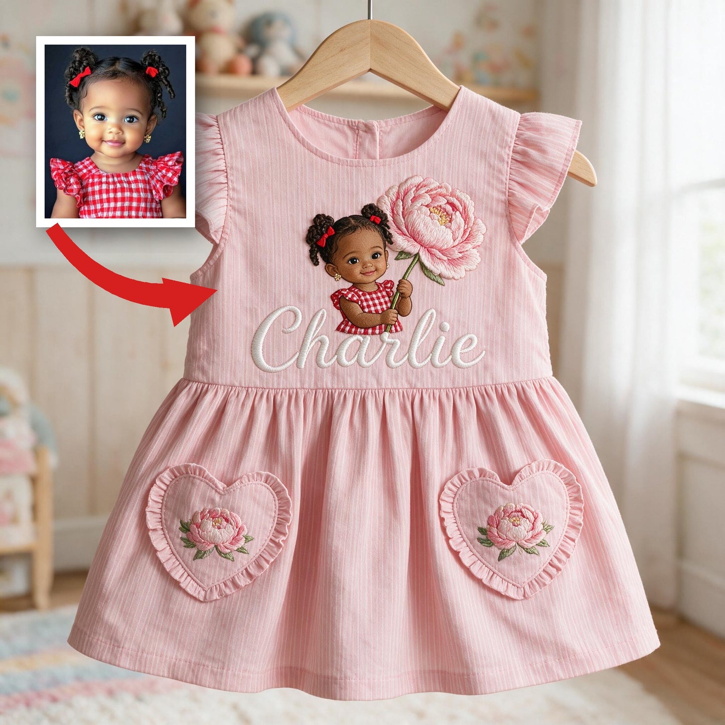Custom Personalized 2 Year Old Girl Pink Ruffle Sleeve Toddler Dress, Embroidered Little Girl Peony Birth Flower Gift for Kids