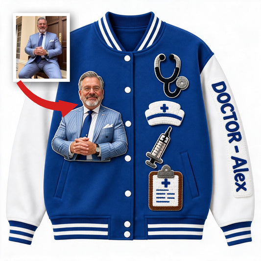 Custom Photo Male Doctor Varsity Jacket, Personalized Appreciation Gift for Doctor & Healthcare Staff