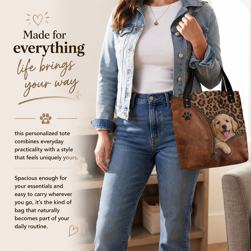 Personalized Peeking French Bulldog Tote Bag Custom Name Leopard Print Pet Lover Gift for Frenchie Dog Owner Everyday Carryall