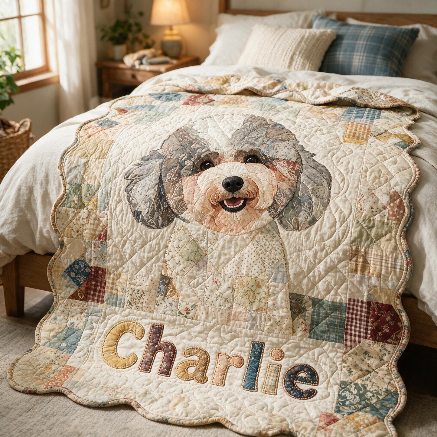 Personalized Fluffy Curly Poodle Shaped Patchwork Fleece Blanket, Thoughtful Dog Lover Cozy Gift for Home and Travel