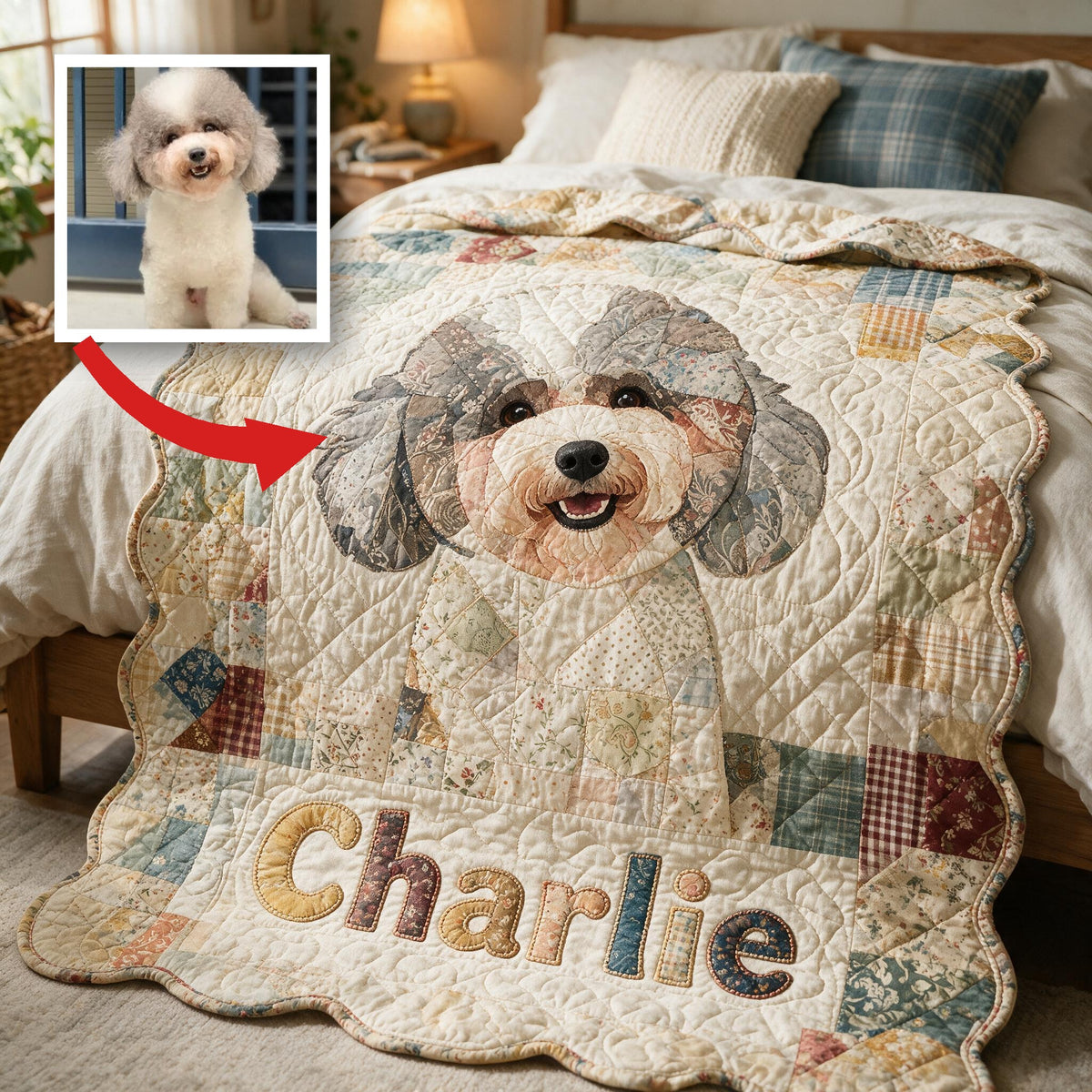 Personalized Fluffy Curly Poodle Shaped Patchwork Fleece Blanket, Thoughtful Dog Lover Cozy Gift for Home and Travel