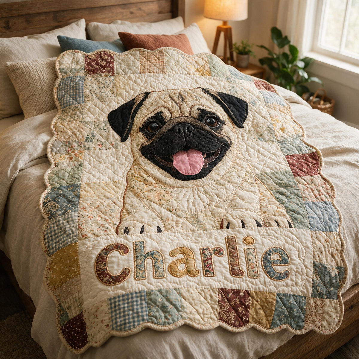 Happy Smiling Fawn Pug Shaped Personalized Patchwork Fleece Blanket - Cozy Gift For Pug Lovers & Dog Owners