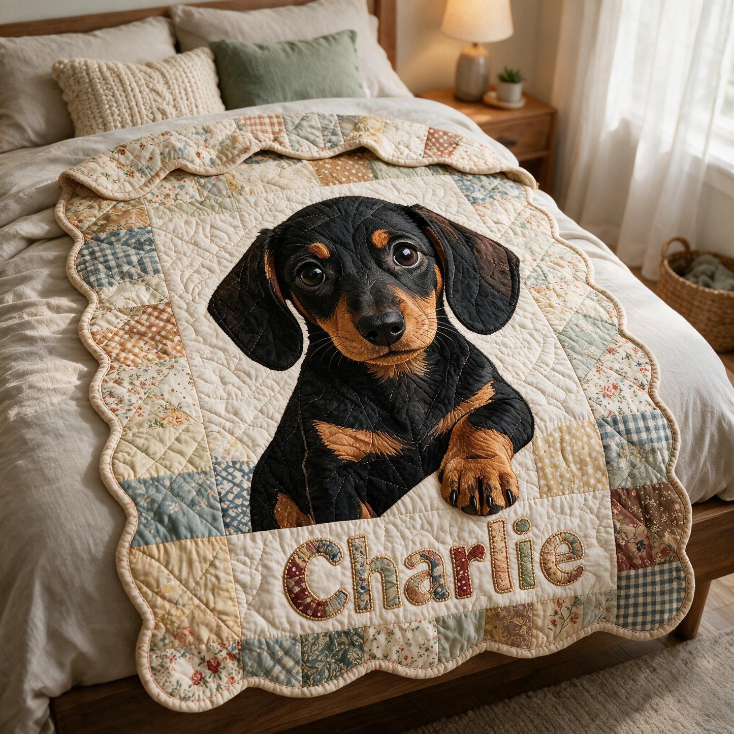 Personalized Short-Legged Black & Tan Dachshund Patchwork Fleece Blanket | Cozy Custom Gift For Dachshund Lovers Home Decor