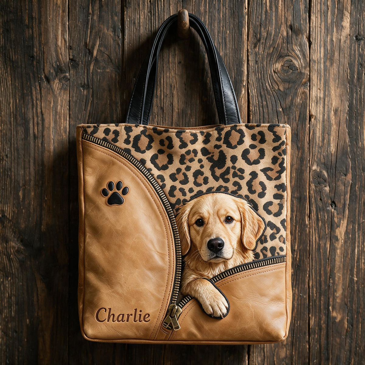 Personalized Peeking Golden Retriever Tote Bag Custom Name Leopard Print Gift for Dog Owners & Pet Lovers