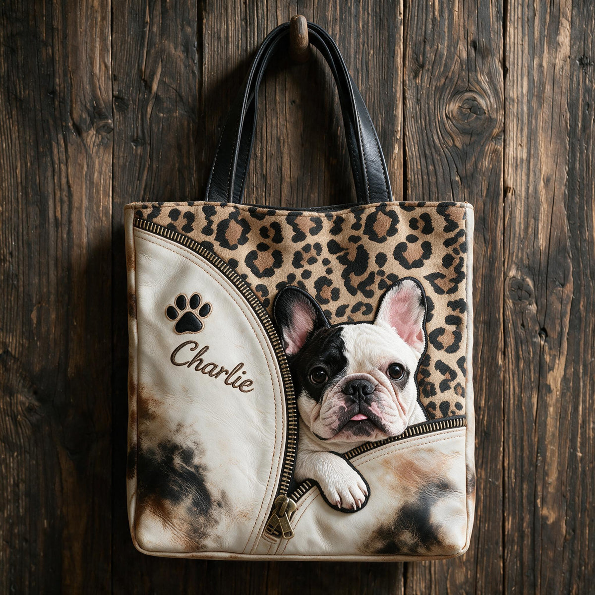Personalized Peeking French Bulldog Tote Bag Custom Name Leopard Print Pet Lover Gift for Frenchie Dog Owner Everyday Carryall