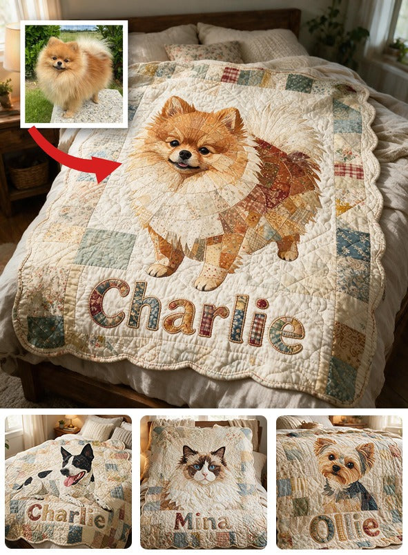 Personalized Fluffy Orange Pomeranian Patchwork Fleece Blanket, Cute Custom Gift for Pomeranian Dog Lovers Home Decor