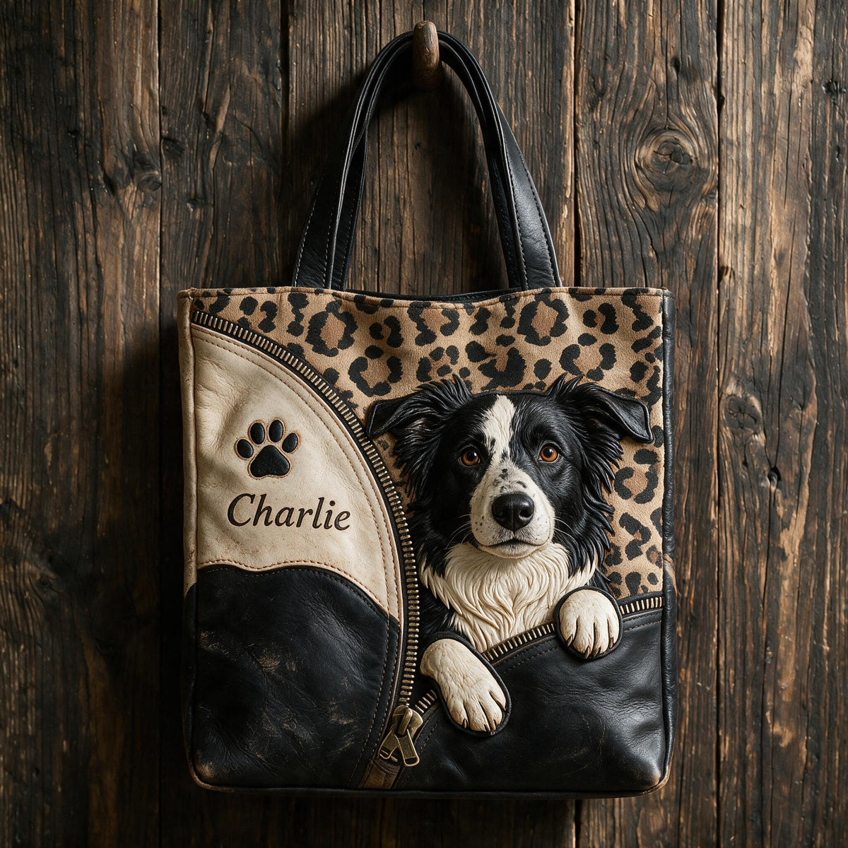 Personalized Peeking Border Collie Tote Bag, Custom Dog Owner Gift Durable Everyday Pet Shoulder Bag