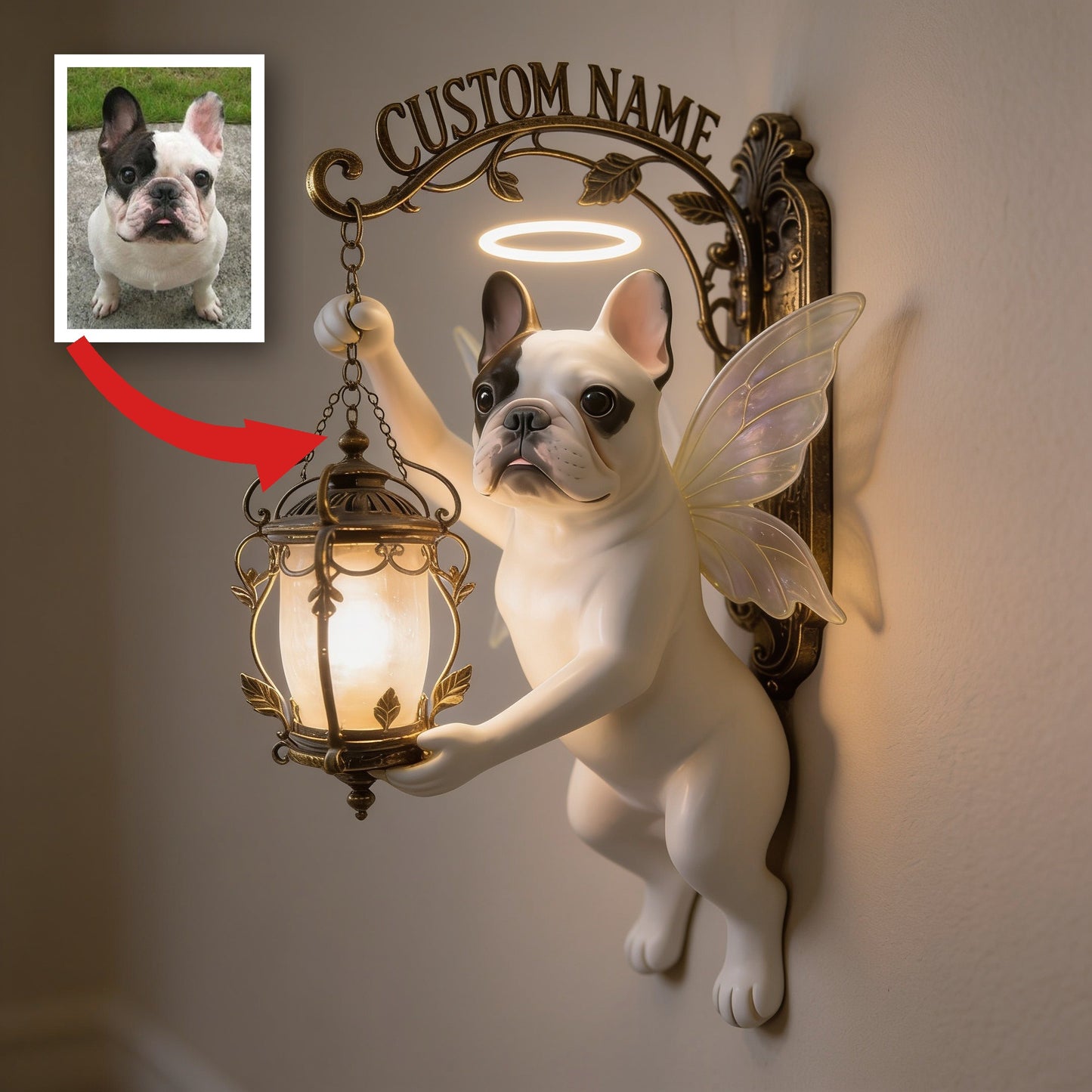 Personalized Angel French Bulldog Lantern Wooden Wall Mount Sign, Cute Dog Lover Home Decor Gift
