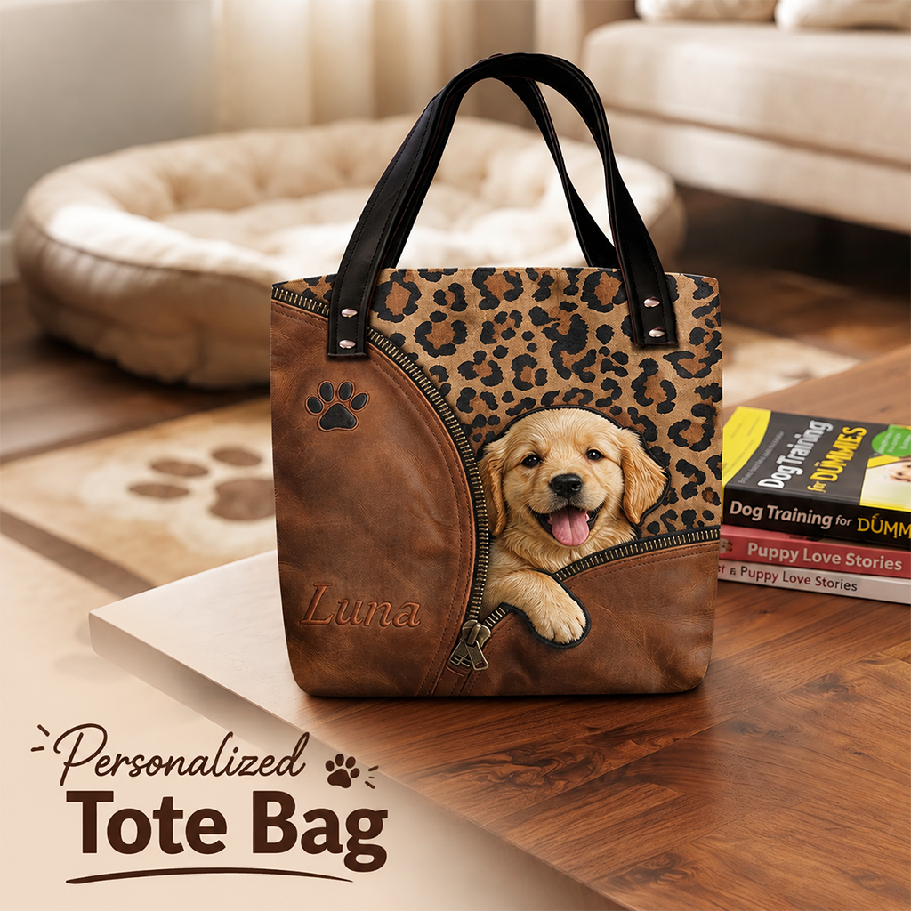 Personalized Peeking Fawn Pug Tote Bag Custom Leopard Print Gift for Pug Lovers Daily Travel Shopping Carryall