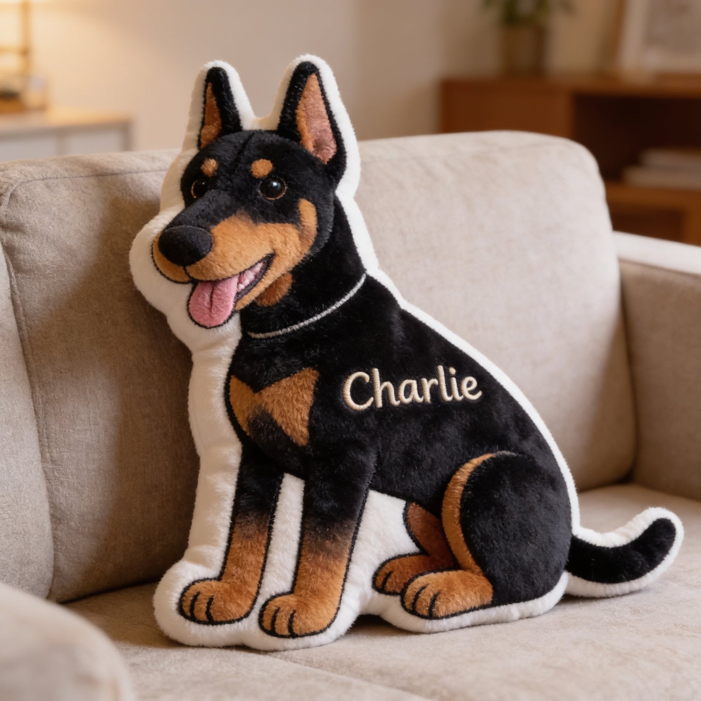 Personalized Sitting Doberman Pinscher Faux Fur Shaped Pillow Custom Gift For Dog Lover Home Decor