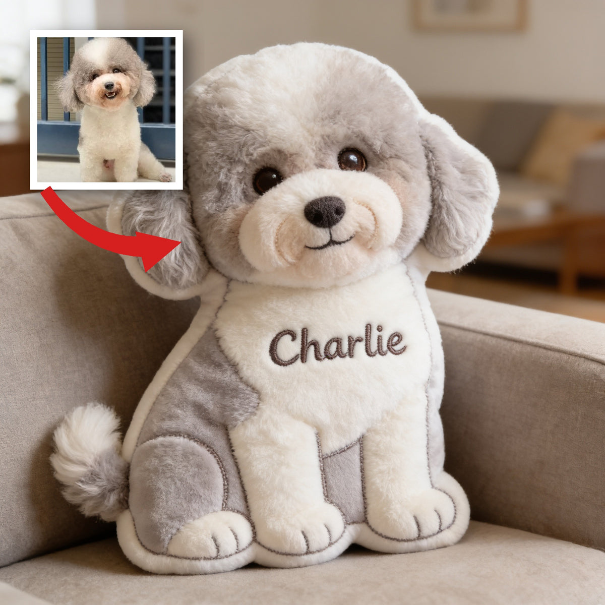 Personalized Fluffy Grey White Poodle Faux Fur Shaped Pillow | Custom Dog Lover Home Decor Gift