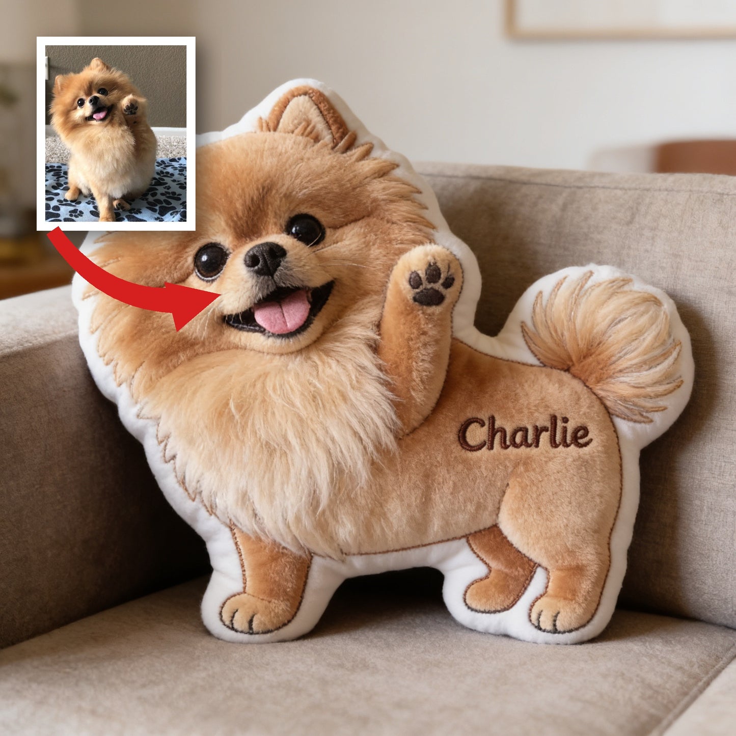 Custom Fluffy Tan Pomeranian Shaped Faux Fur Pillow Personalized Dog Lover Gift Cozy Home Decor