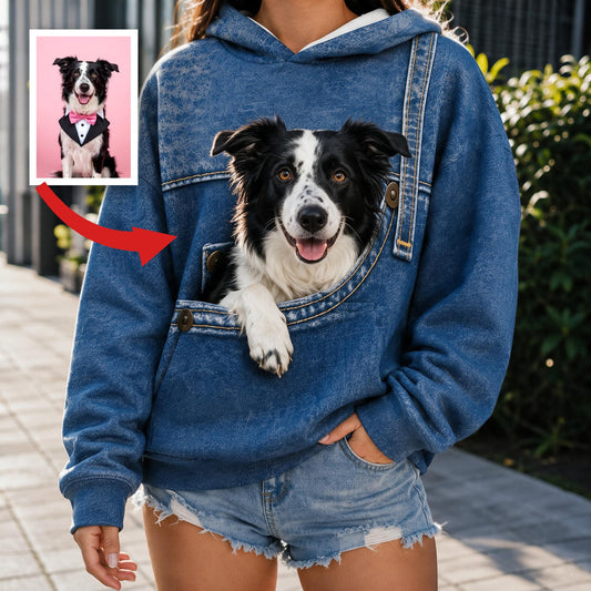 Cute Border Collie Faux Pocket Print Hoodie, Personalized Gift for Border Collie Owner Dog Pet Lover