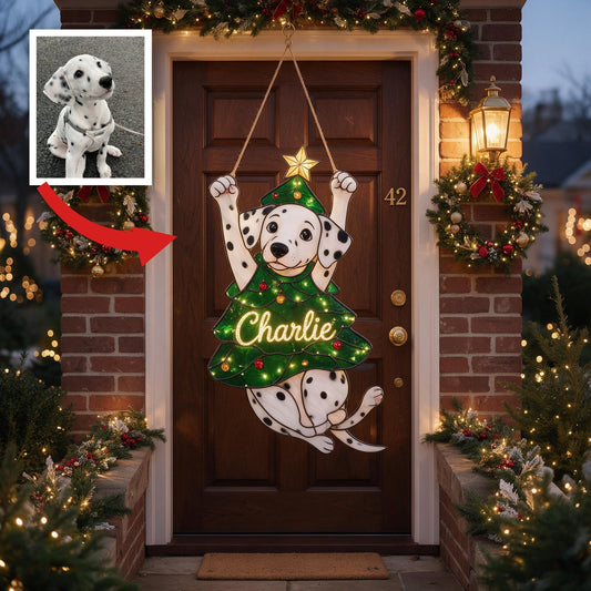 Cute Personalized Spotted Dalmatian Christmas LED Acrylic Sign, Festive Hanging Holiday Door Decor Dog Lover Gift