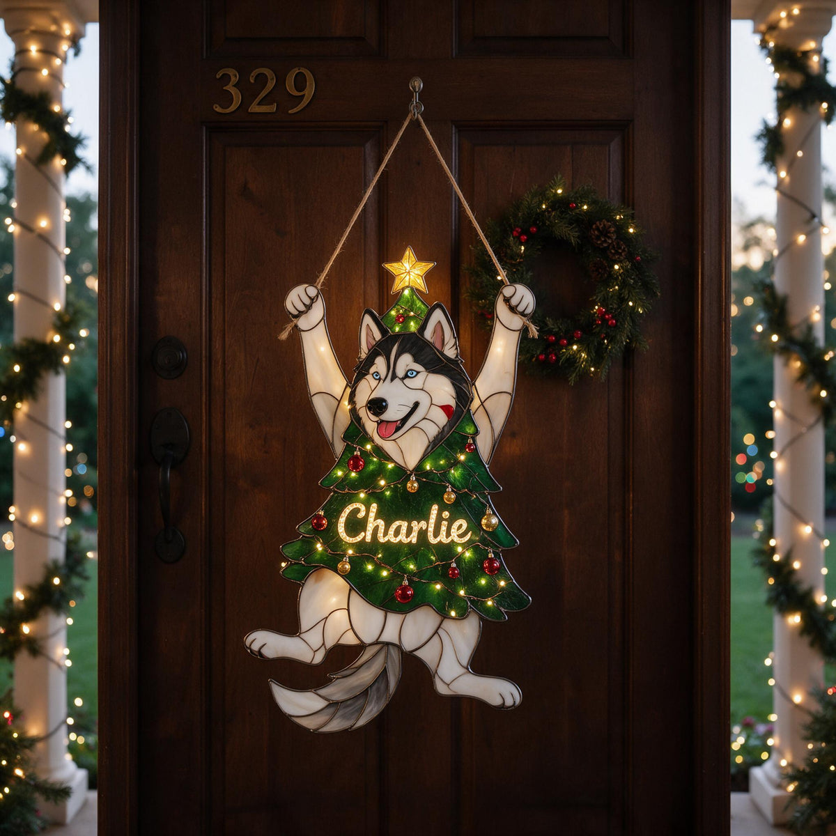 Personalized Playful Siberian Husky Christmas Tree LED Acrylic Sign - Festive Dog Lover Holiday Home Decor Gift