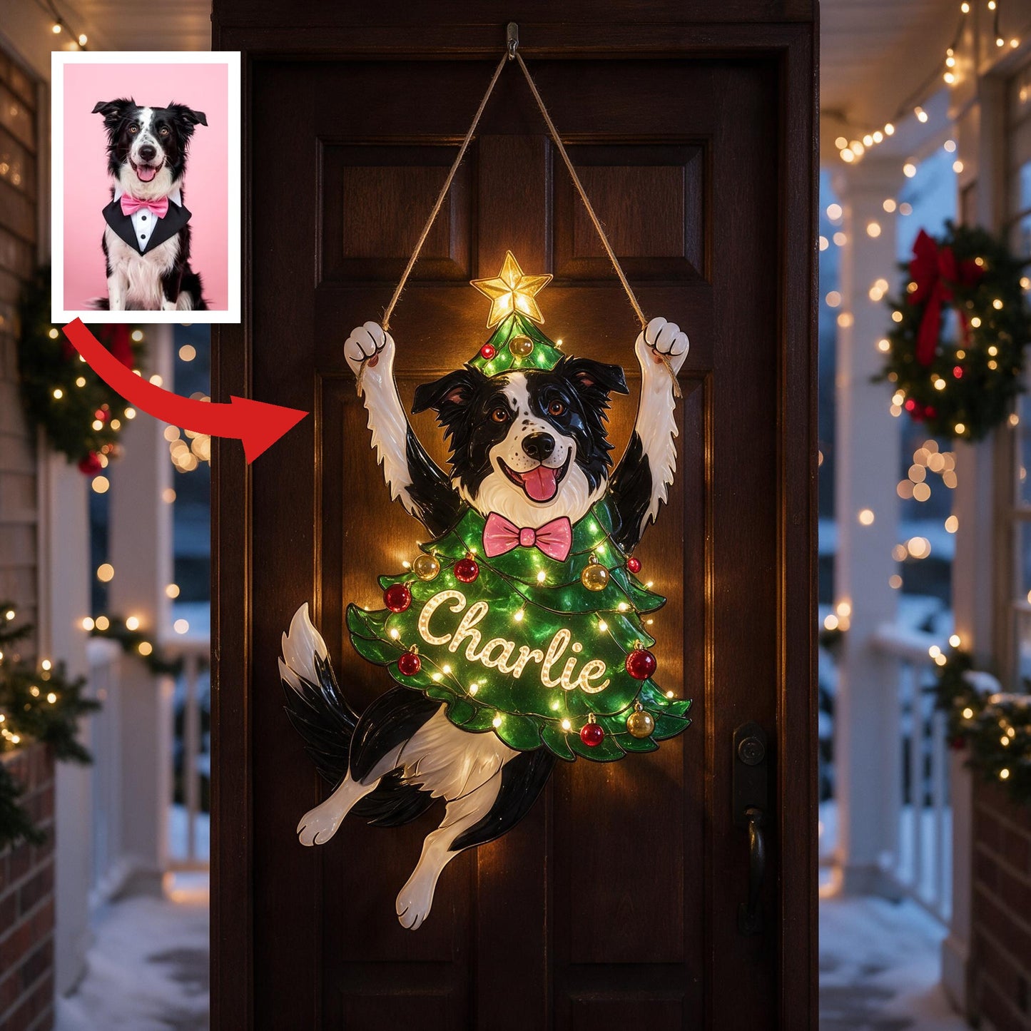 Personalized Black & White Border Collie Christmas LED Acrylic Sign, Cute Holiday Home Decor Gift for Dog Lovers