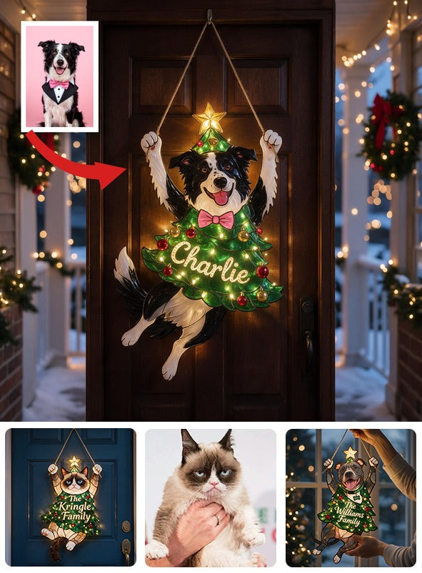 Personalized Black & White Border Collie Christmas LED Acrylic Sign, Cute Holiday Home Decor Gift for Dog Lovers