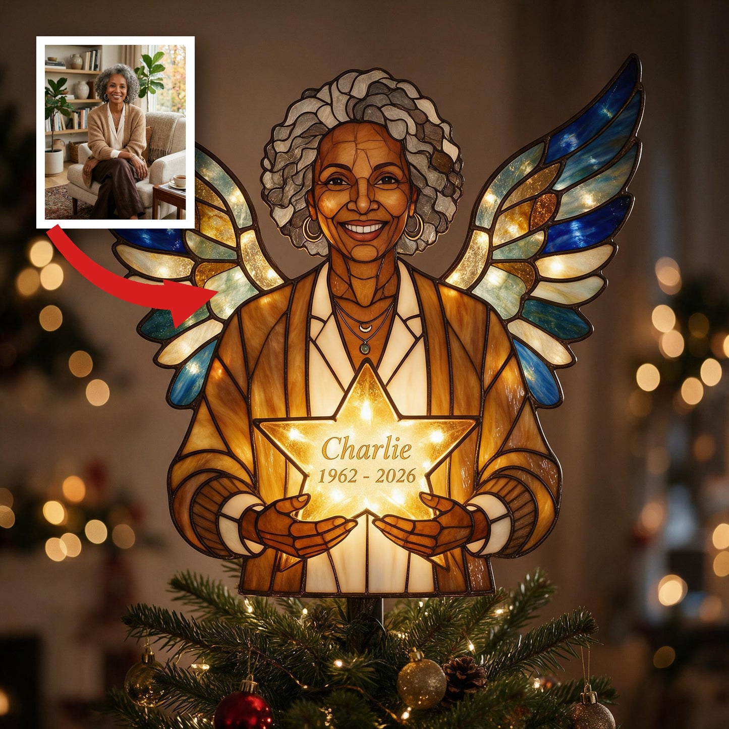 Personalized Beloved Black Mom Memorial Angel LED Light Christmas Tree Topper, Stained Glass Remembrance Holiday Decor