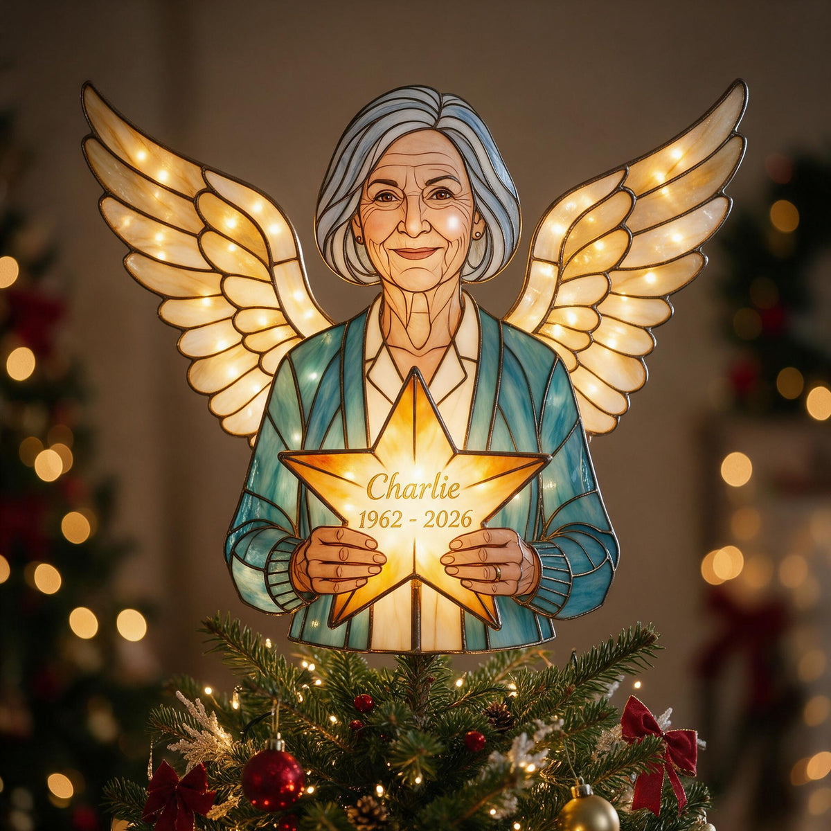 Personalized Mom Angel Memorial LED Christmas Tree Topper, Stained Glass Style Remembrance Holiday Decor Gift