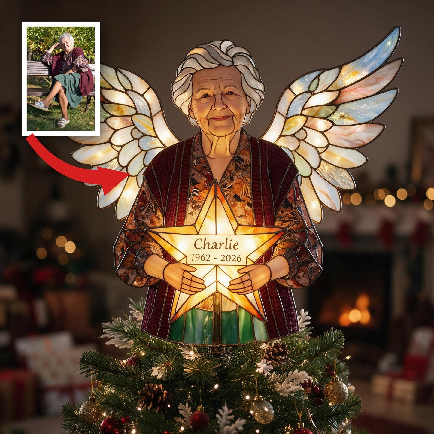 Personalized Grandma Memorial Angel LED Christmas Tree Topper - Stained Glass Remembrance Holiday Decor Gift