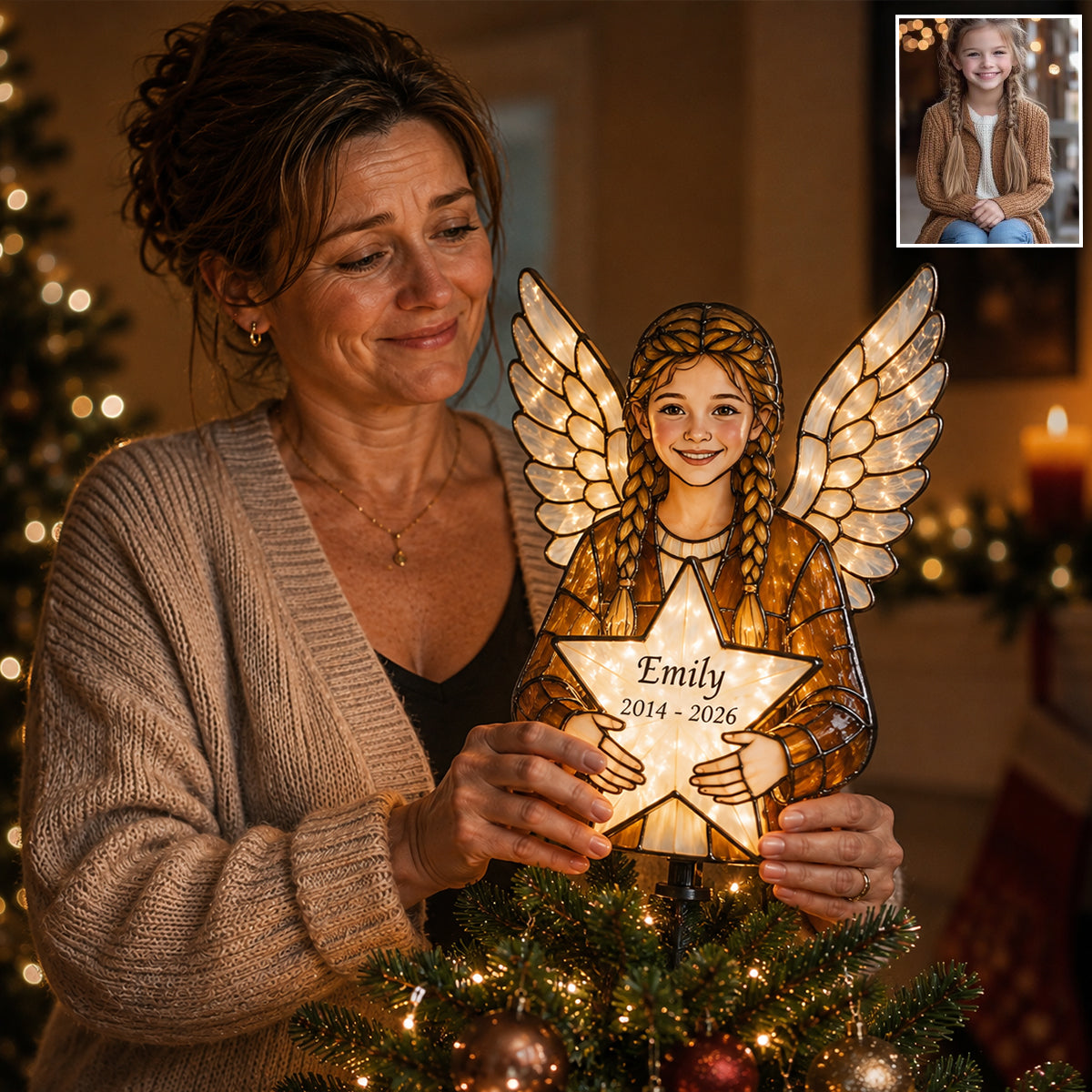 Personalized Latina Grandma Memorial Angel LED Christmas Tree Topper - Stained Glass Style Remembrance Holiday Keepsake Gift