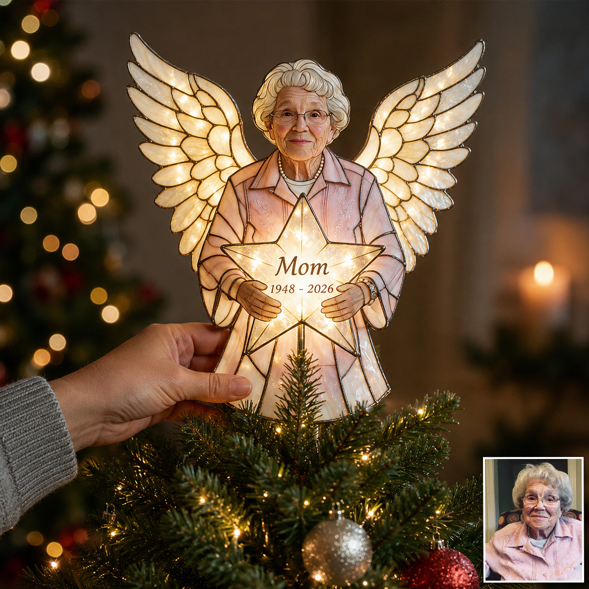 Personalized Black Grandpa Memorial Angel LED Light Christmas Tree Topper, Custom Remembrance Holiday Keepsake Decor