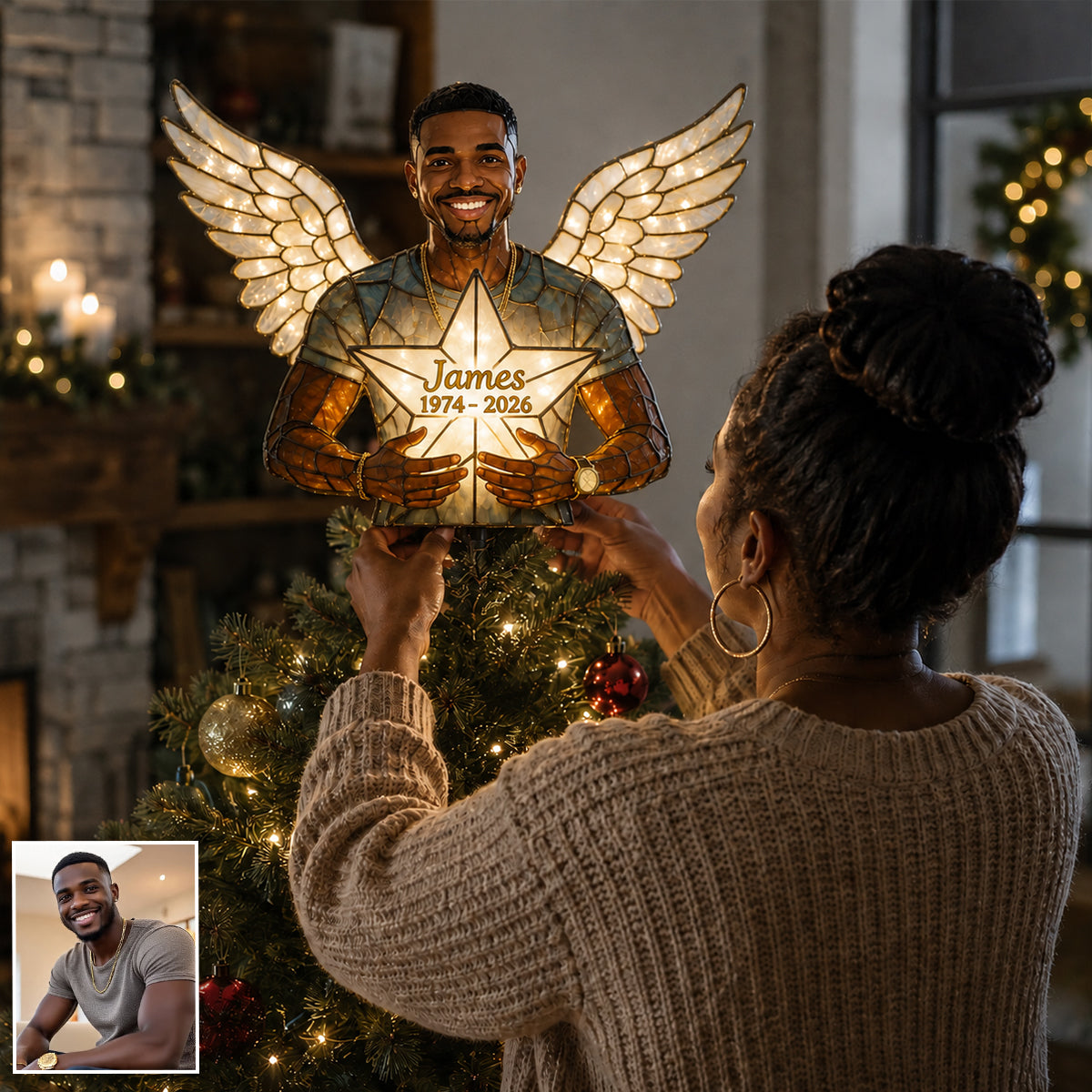 Personalized Grey British Shorthair Angel Cat Memorial LED Christmas Tree Topper Holiday Remembrance Gift