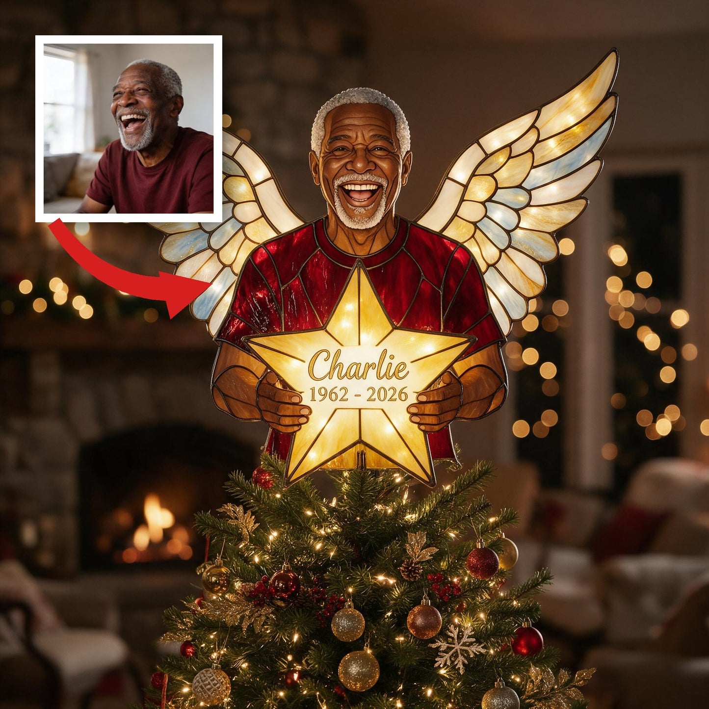 Personalized Latina Grandpa Memorial Angel LED Christmas Tree Topper, Custom Remembrance Holiday Keepsake Gift