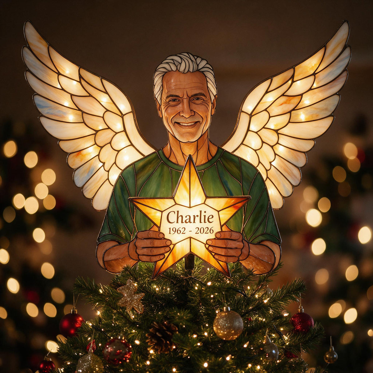 Personalized Memorial Dad Angel LED Christmas Tree Topper - Custom Holiday Bereavement Remembrance Keepsake Gift