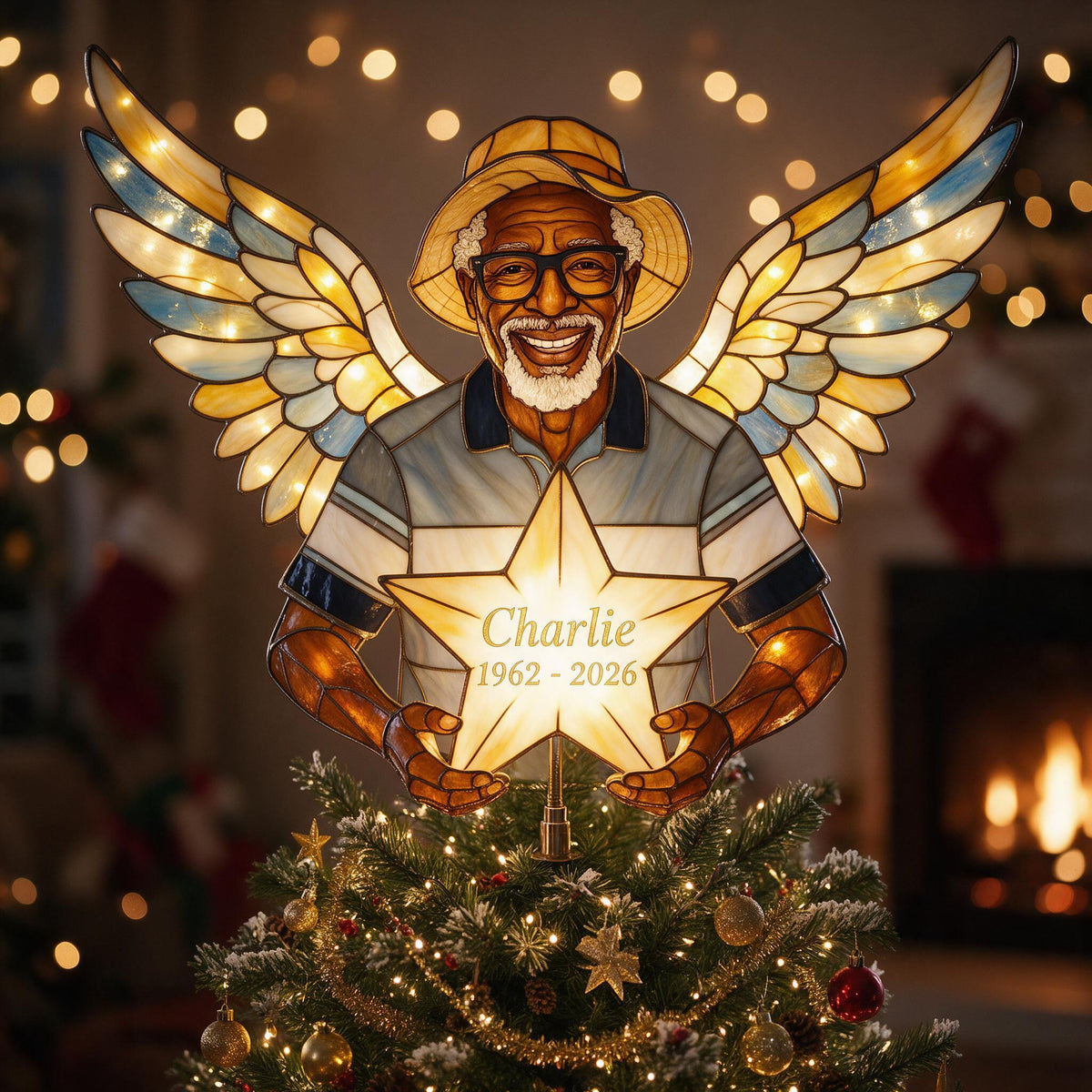 Personalized Black Grandpa Memorial Angel LED Light Christmas Tree Topper, Custom Remembrance Holiday Keepsake Decor