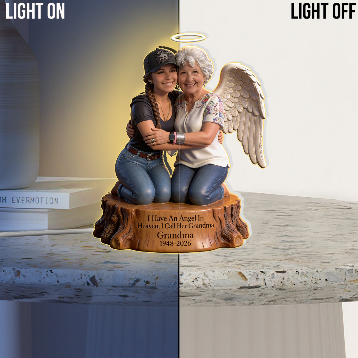 Personalized Memorial Acrylic LED Night Light - Guardian Angel Father Hugging Child Heaven Remembrance Sympathy Gift
