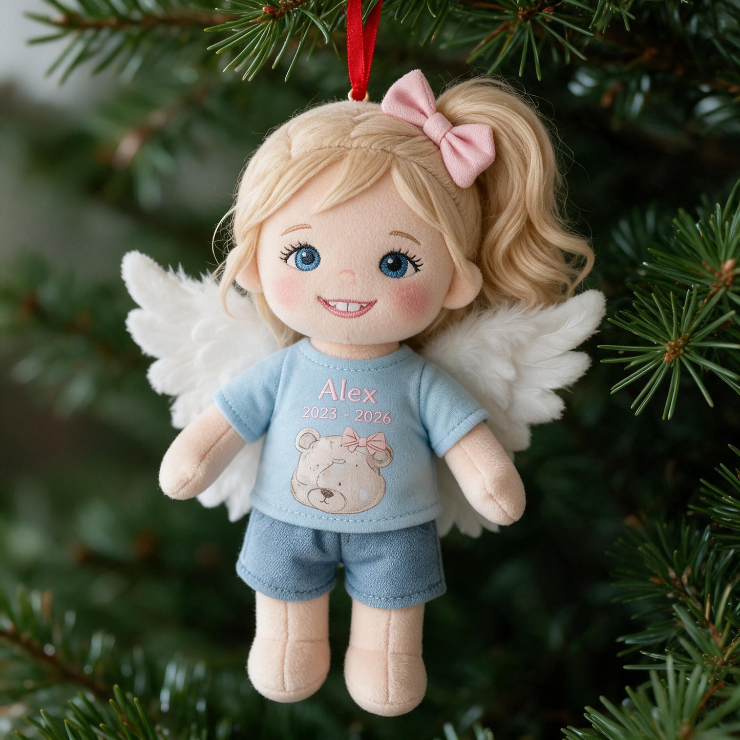 Personalized Blonde Winged Angel Kid Memorial Plush Ornament - I'm Always With You Christmas Keepsake Gift