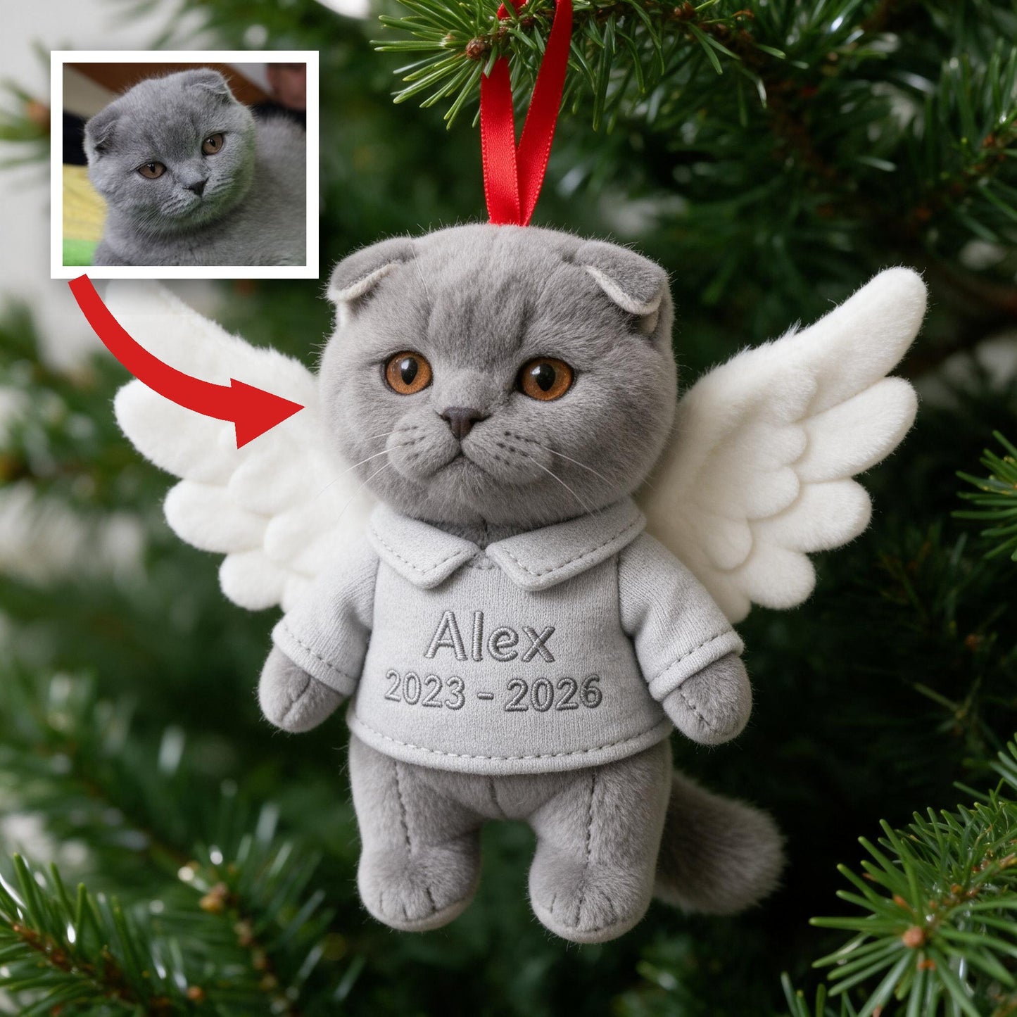 Personalized Grey British Shorthair Cat Angel Memorial Plush Ornament - Pet Loss Keepsake Christmas Tree Decor Gift