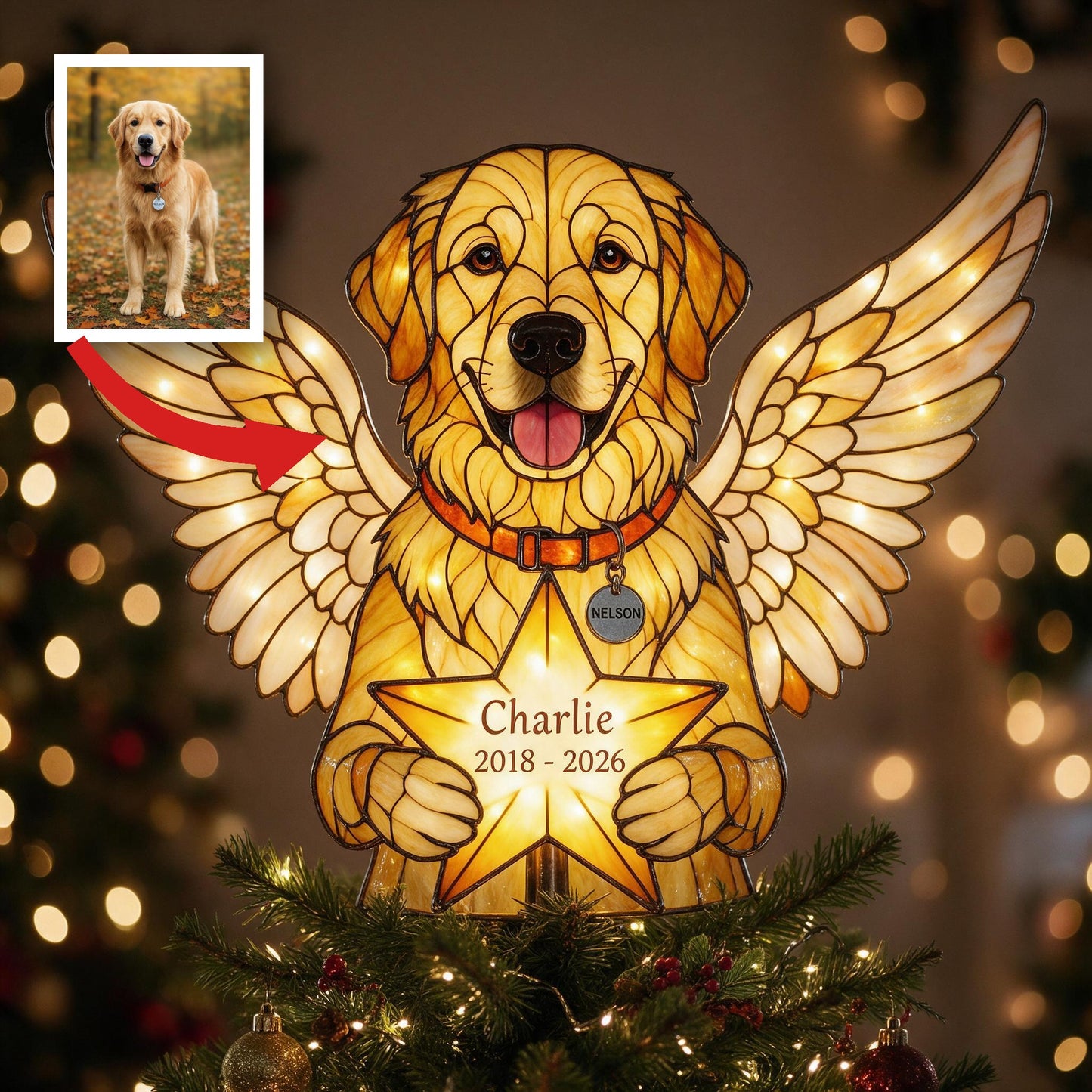 Personalized Angel Golden Retriever Memorial LED Christmas Tree Topper Custom Pet Remembrance Holiday Decor Gift