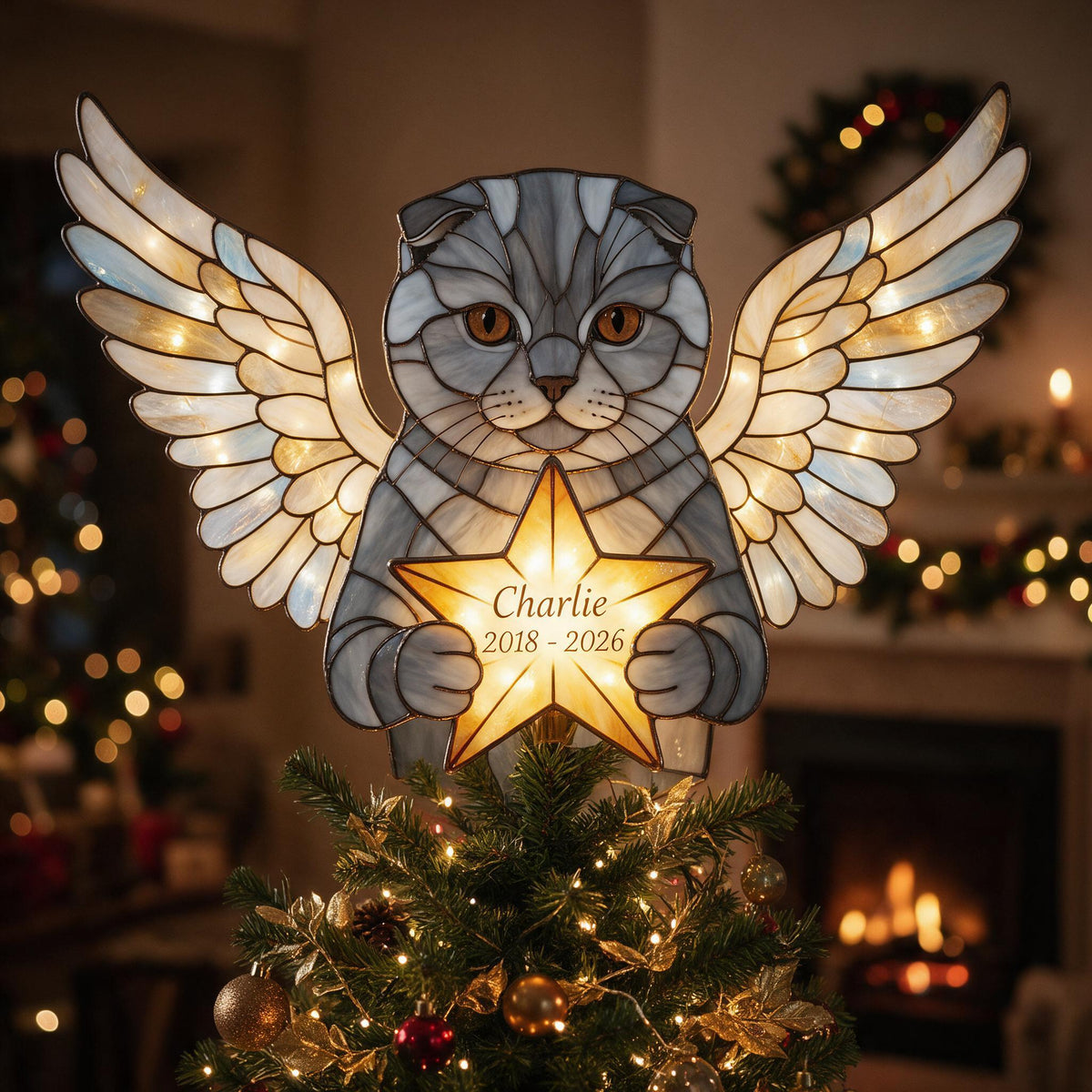 Personalized Grey British Shorthair Angel Cat Memorial LED Christmas Tree Topper Holiday Remembrance Gift