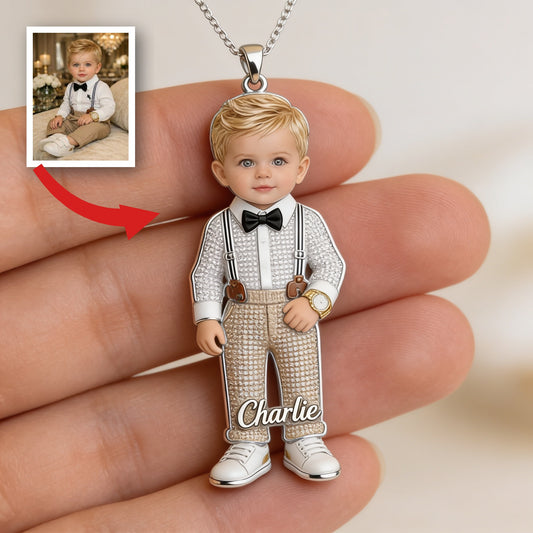 Personalized 2 Year Old Boy Kid Photo Shaped Metal Pendant Necklace, Custom Child Portrait Sentimental Keepsake Jewelry Gift