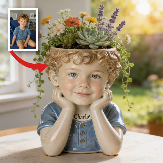 Personalized Curly Haired Little Boy 5 year old Acrylic Planter Pot Custom Child Portrait Home Decor Keepsake Gift