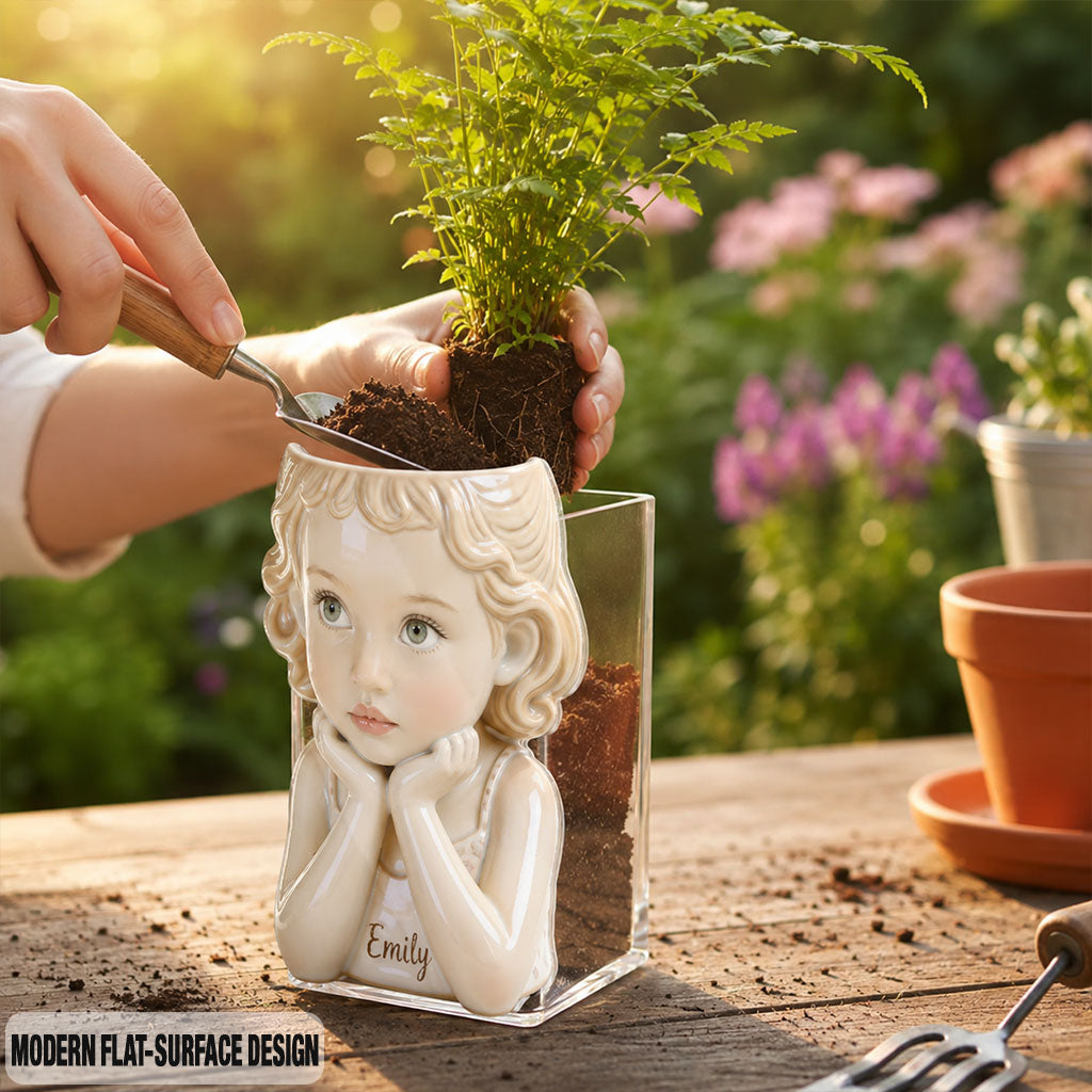 Personalized Custom Child Face Acrylic Planter Pot, Custom Name Newborn Black Kid Plant Holder for Home Decor and Thoughtful Gift