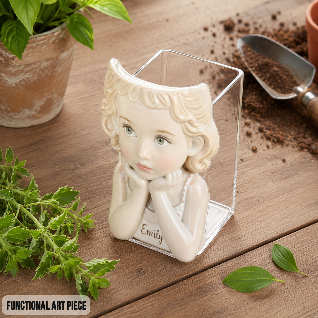 Custom Personalized Curly Haired Child Shaped Acrylic Planter Pot, Custom Name 4 Year Old Black Kid Flower Vase for Home Decor & Meaningful Gifting