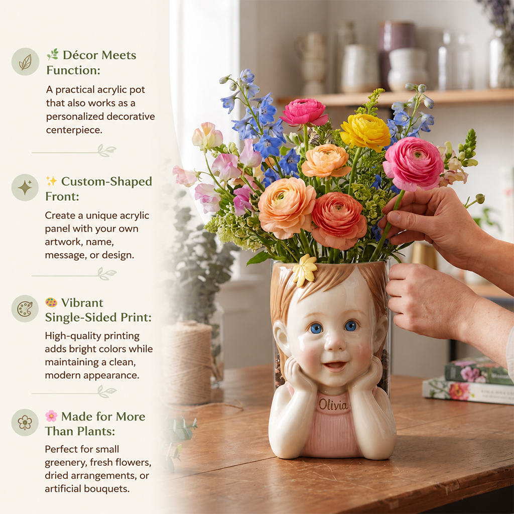 Personalized Custom Child Head Acrylic Planter Pot | Custom Name Cute Black Boy Kid Flower Pot for Home Decor & Gift Giving