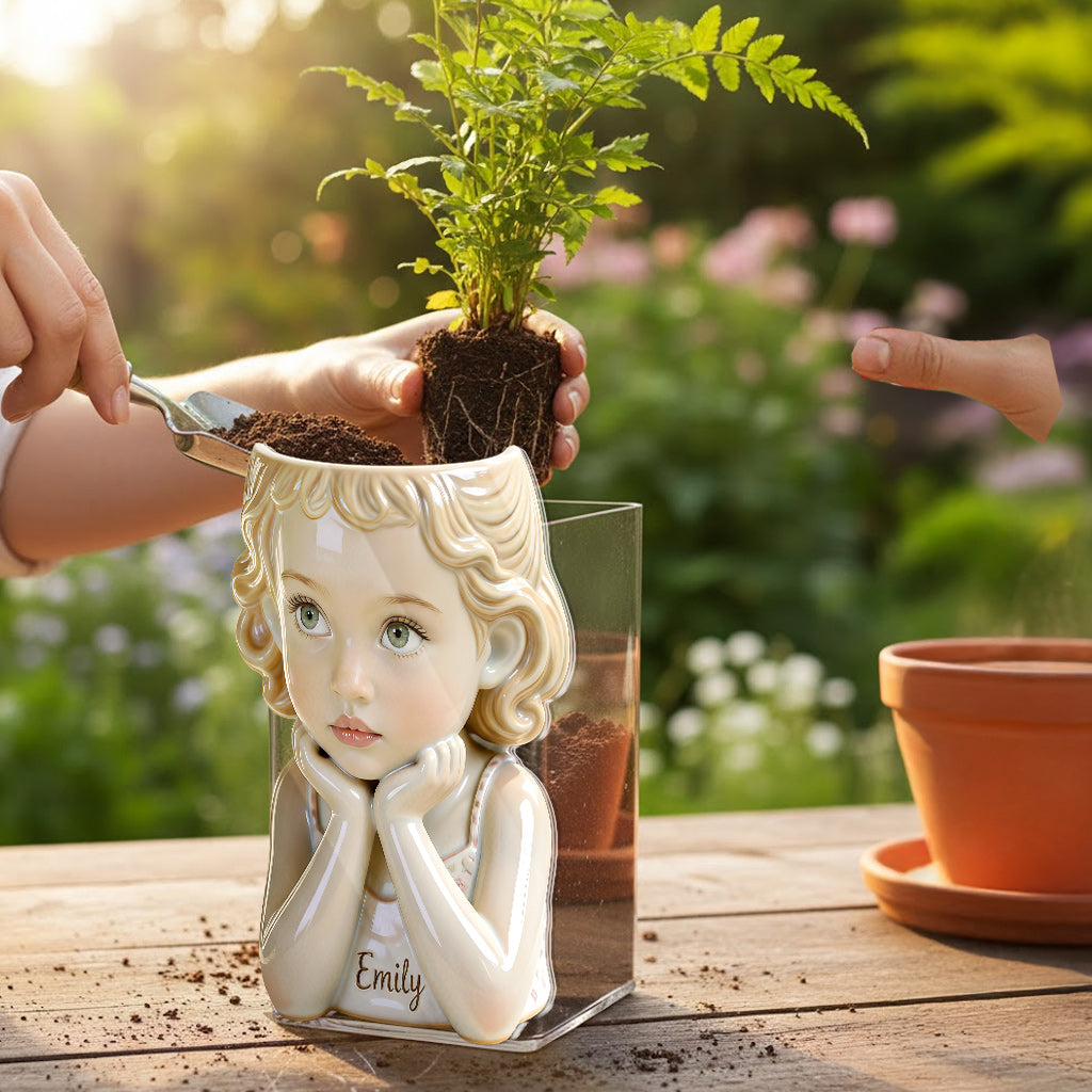 Personalized Custom Child Portrait Acrylic Planter Pot, Custom Name 5 Year Old Black Kid Face Vase for Home Decor and Thoughtful Gifting