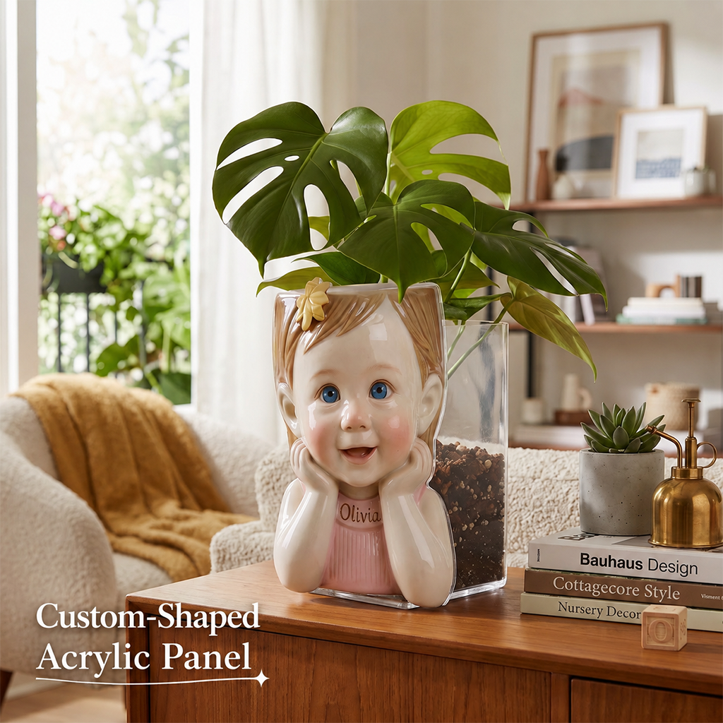 Personalized Curly Haired Little Boy 5 year old Acrylic Planter Pot Custom Child Portrait Home Decor Keepsake Gift