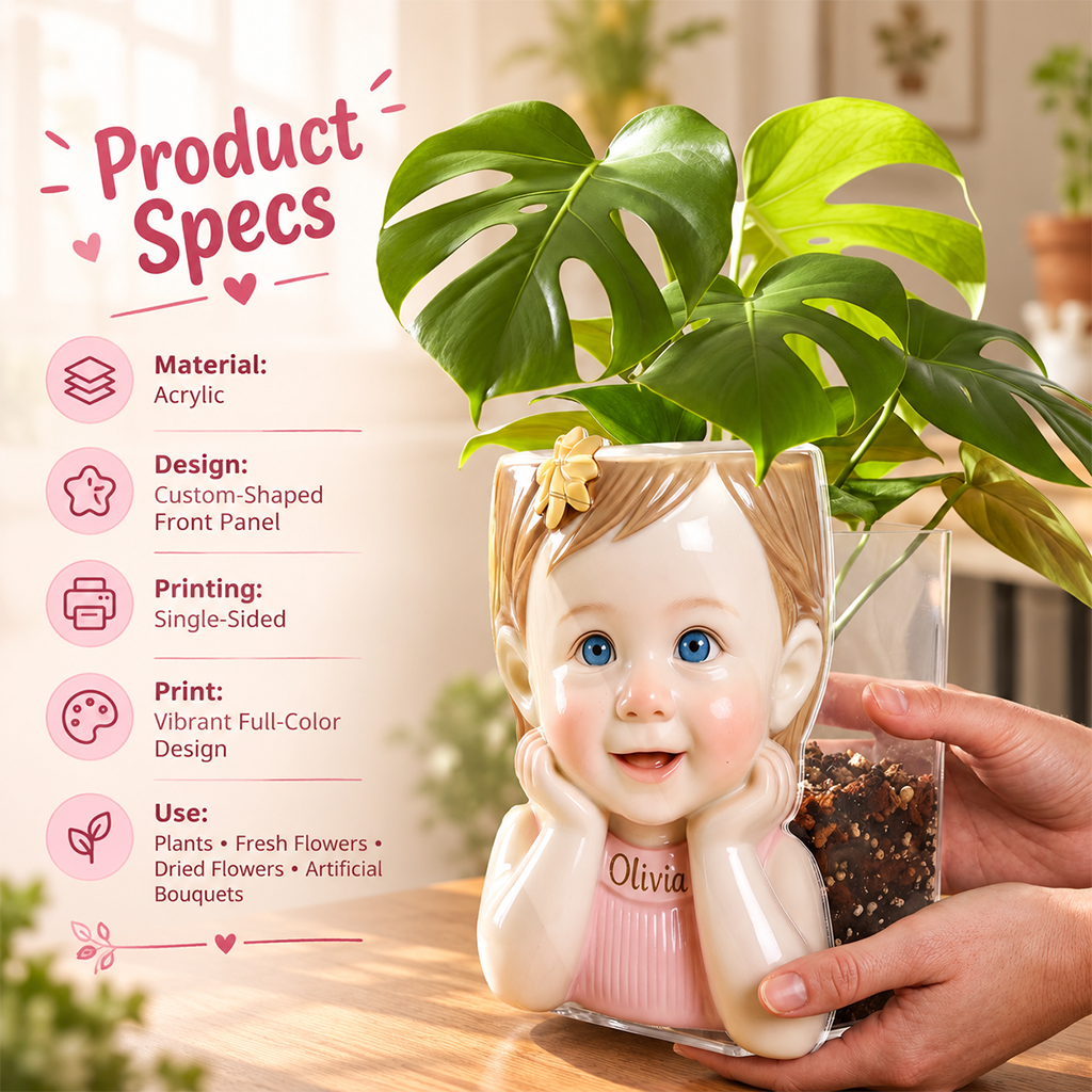Custom Personalized Little Girl Shaped Acrylic Planter Pot, Cute 3 Year Old Kid Themed Home Decor Gift for Plant Lovers