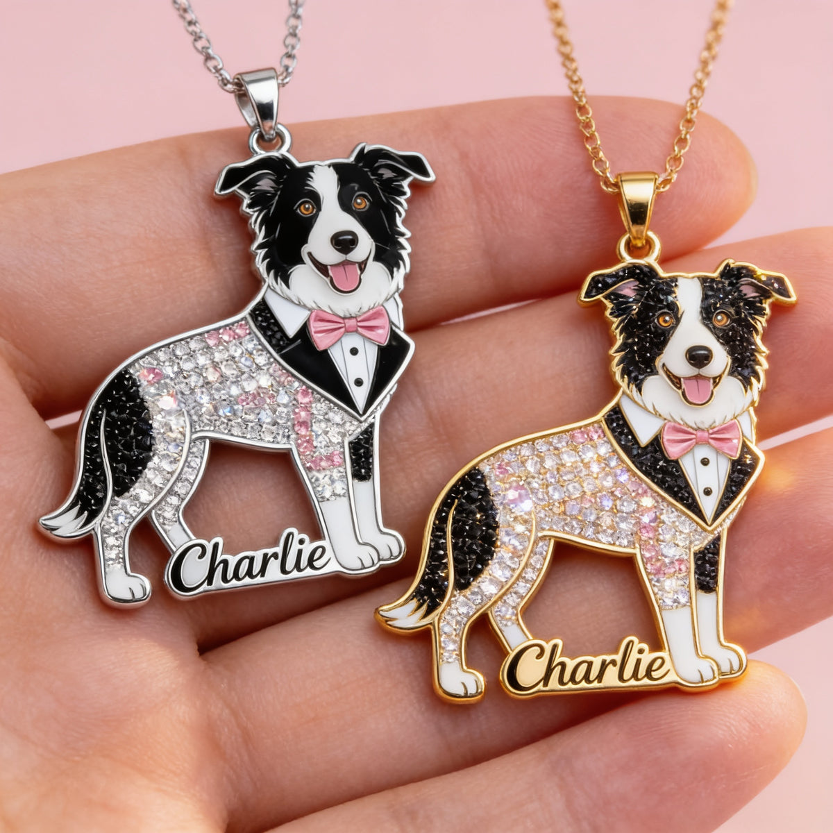 Personalized Black and White Border Collie Custom Name Metal Pendant Necklace, Pet Jewelry Gift for Border Collie Owners and Dog Lovers