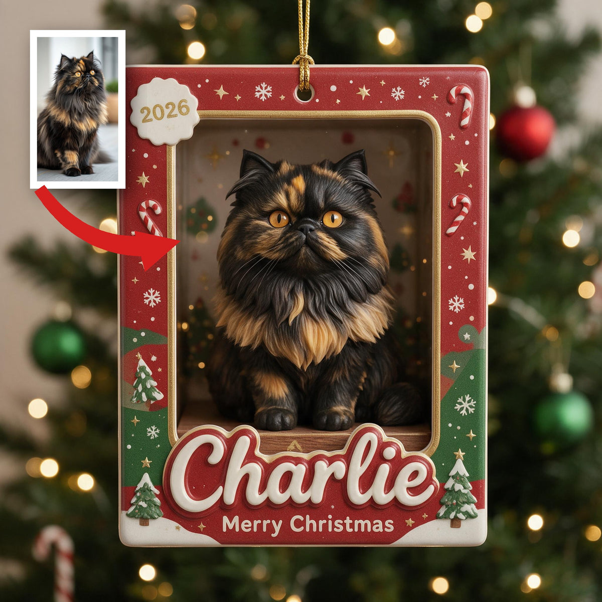 Personalized Fluffy Tortoiseshell Persian Cat Christmas Ornament, Custom Pet Holiday Gift for Cat Owners