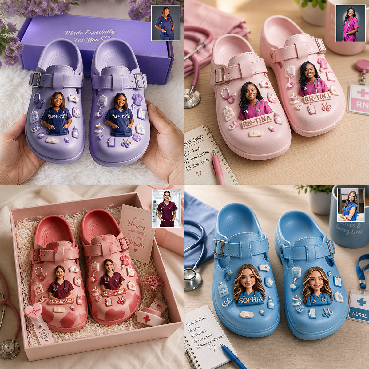 Personalized 3D Nurse Life Clogs with Arch Support, Custom Name Comfortable Work Gift for Latina CNA Healthcare Workers