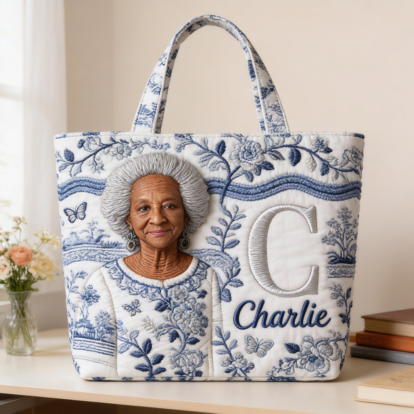 Personalized 3D Embroidered Older Black Woman Portrait Quilted Tote Bag, Custom Monogram Name Gift for Grandma Everyday Use