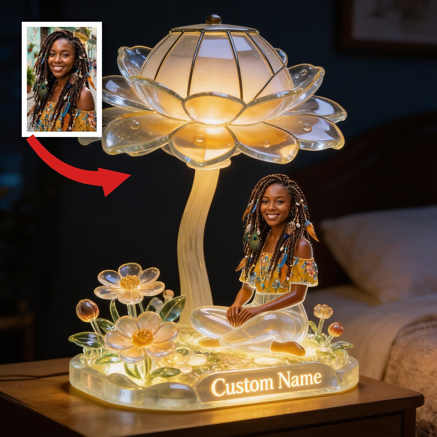 Custom Personalized Black Woman Portrait Acrylic LED Night Light - Custom Name Self Love Bedroom Decor Gift