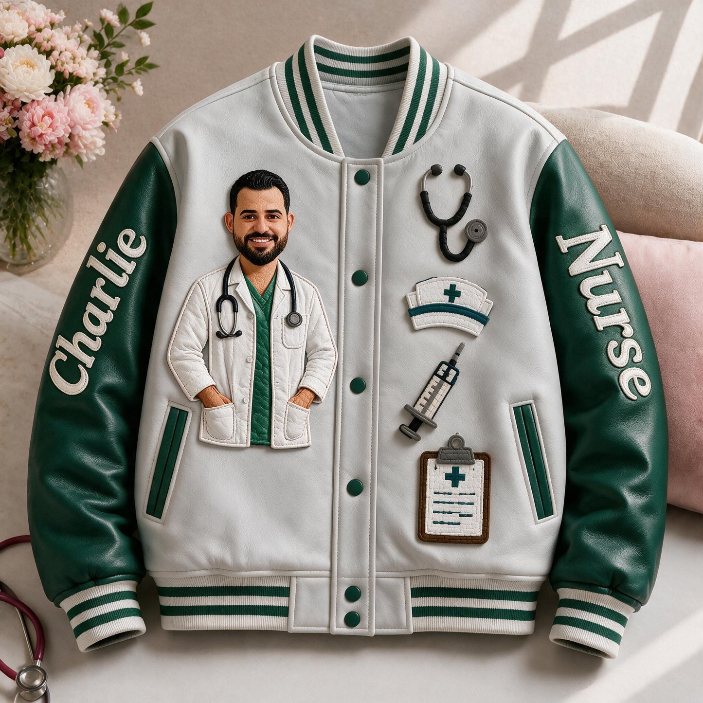 Personalized Male Nurse Caricature Varsity Jacket, Thoughtful Appreciation Gift For RN Nursing Healthcare Staff